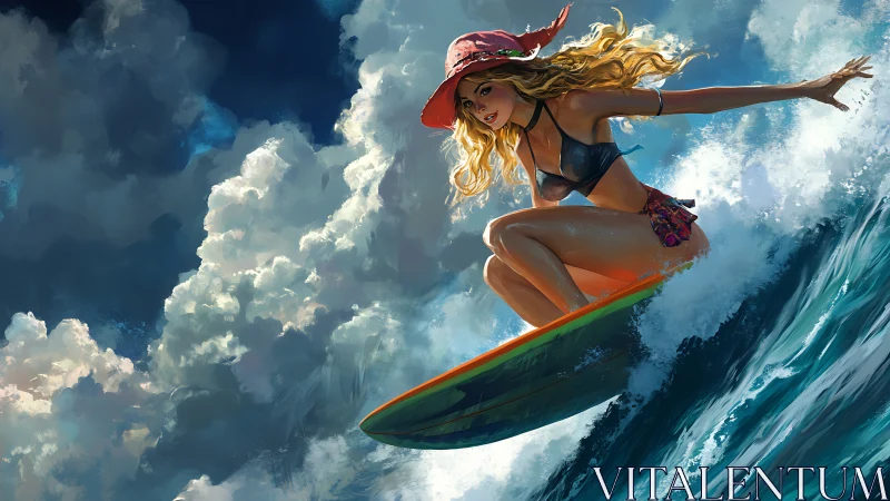 Female surfer on wave under dense clouds, digital artwork.
