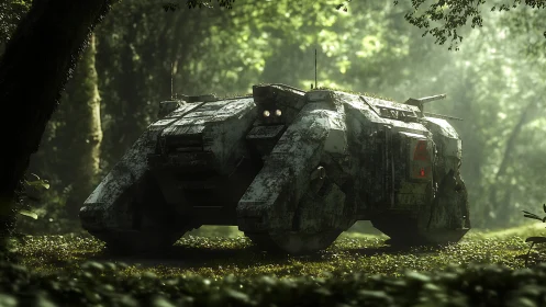 Armored sci fi vehicle resting in dense green jungle