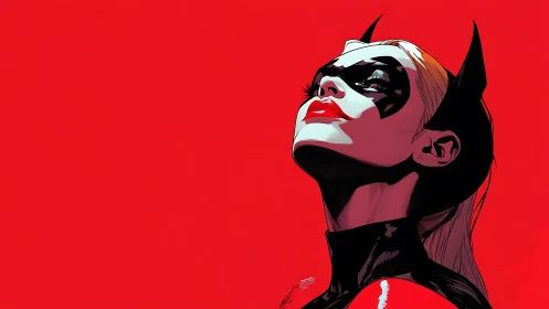 Masked woman in profile tilts head upward on red background