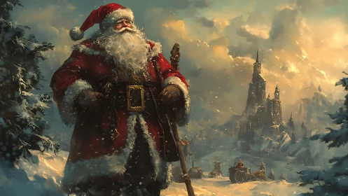 Santa figure in snowy landscape with distant fortress.