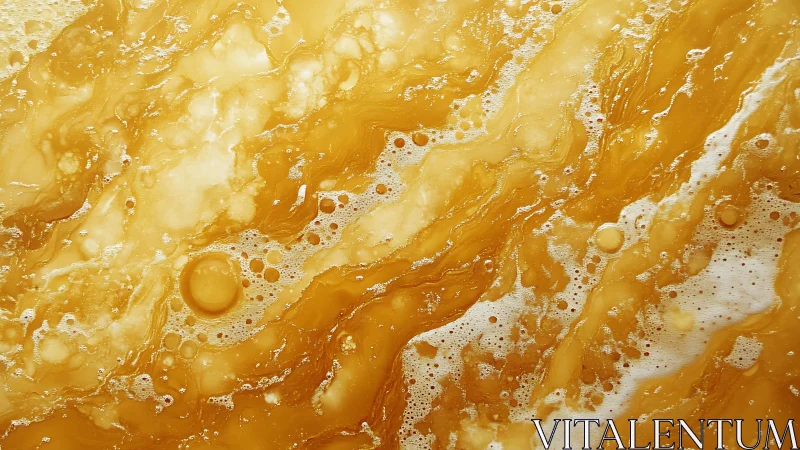 Golden abstract liquid texture with swirling bubbles and foamy details.
