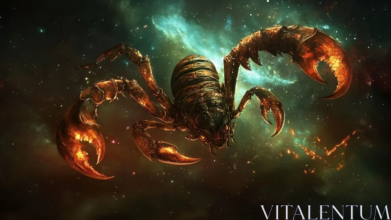 Celestial ember scorpion prowls a storm-lit cosmic void.
