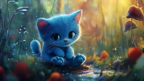 Cerulean Guardian: A Luminous Feline's Enchanted Garden.