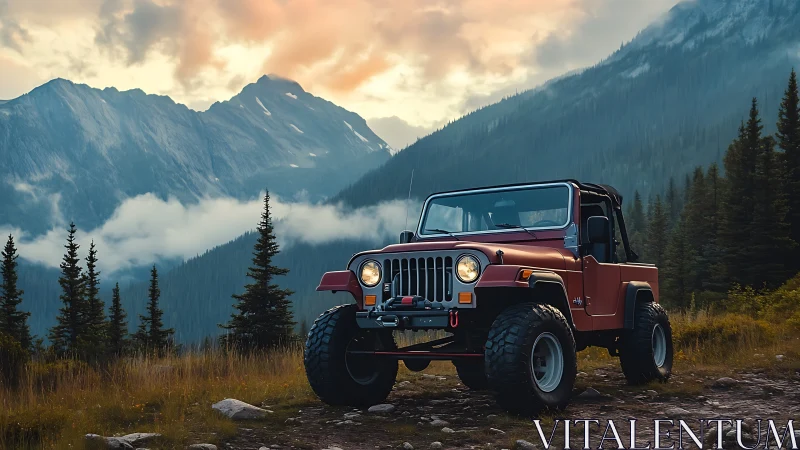 Crimson off road jeep rests beneath misty mountain dawn.