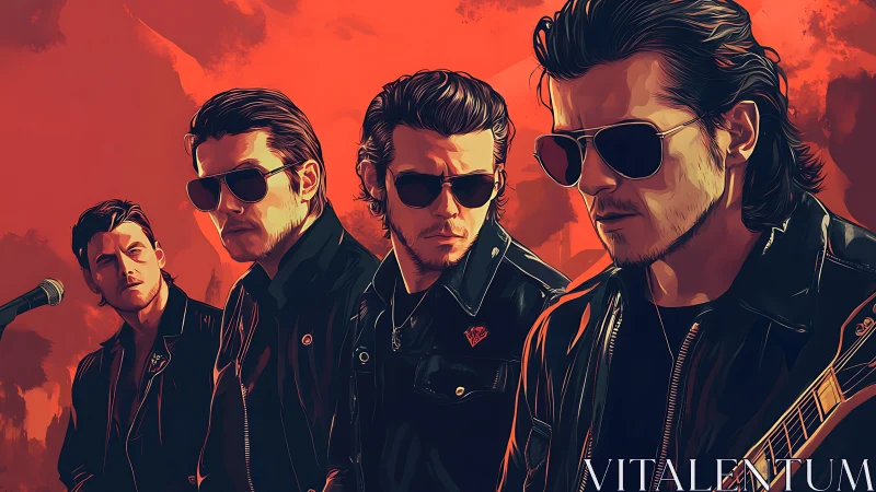 Stylized rock band portrait in high-contrast vector shading and red