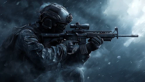 Tactical operator aims rifle under rain in cinematic blue light