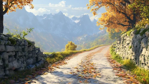 Quiet mountain lane lined with golden autumn trees and stone walls.