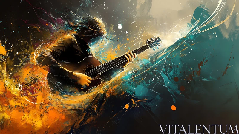 Abstract guitarist ignites swirling waves of color and sound.