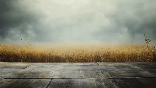 Photorealistic wooden deck before misty golden field horizon.