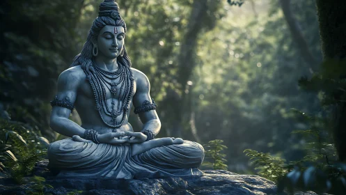 Serene stone deity meditates in a misty, sunlit forest.