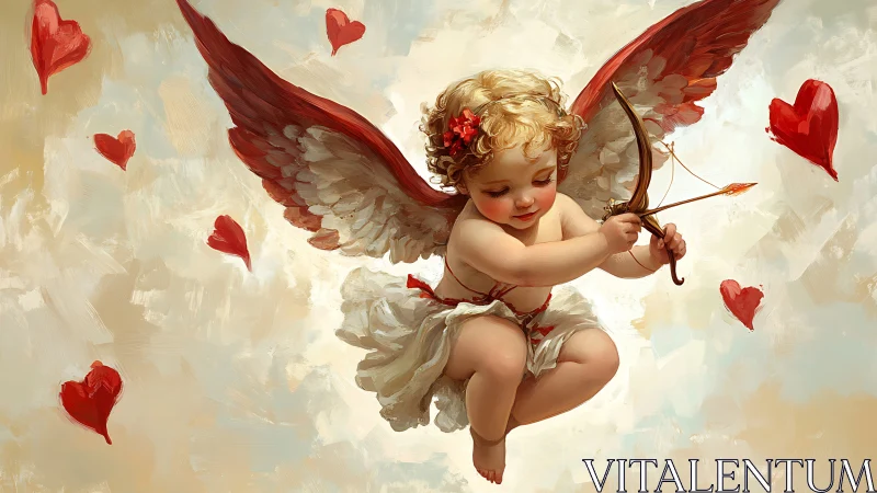 Winged cupid with bow surrounded by red hearts in sky.