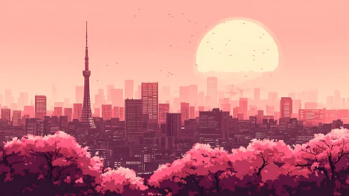 Sunset city skyline with tower and foreground cherry trees.