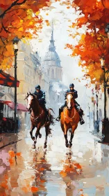 Mounted officers ride through autumn city street rain.