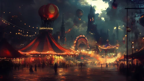 Nocturnal steampunk carnival with gaslit tents and airships