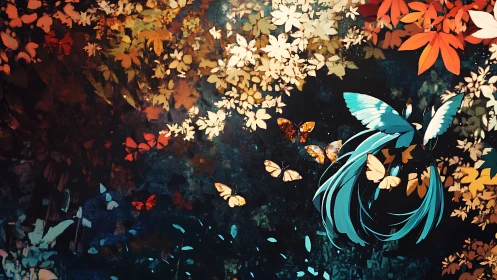 Butterfly-winged girl drifts gently through glowing autumn leaves