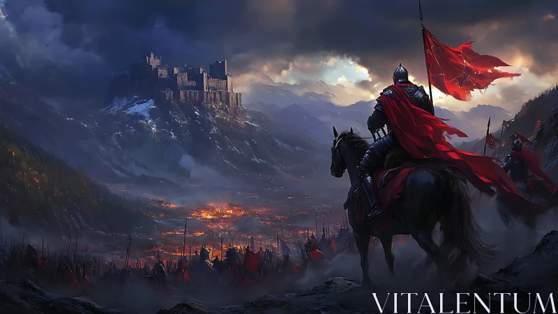 Crimson warlord surveys burning valley beneath storm fortress.