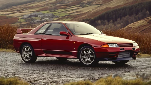 Red two-door sport coupe parked on rural hillside road.