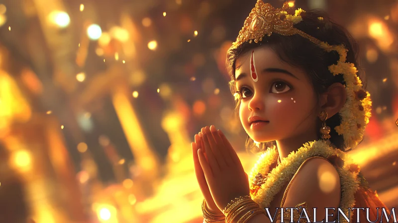 Golden temple glow around a child in quiet prayer.