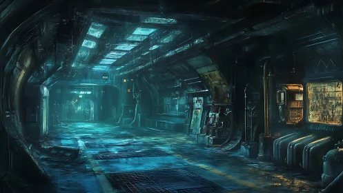 Moody sci fi corridor glowing with quiet blue mystery.