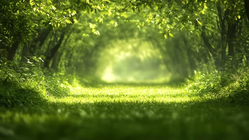 Tunnel of Luminescence: Arboreal Passage Through Verdant Canopy.