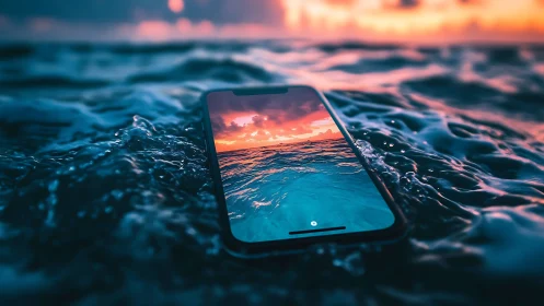 Smartphone partially submerged in ocean water at sunset