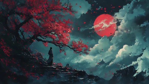 Solitary figure under red tree with large crimson moon.