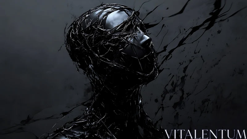 Dark abstract figure wrapped in flowing black shards.