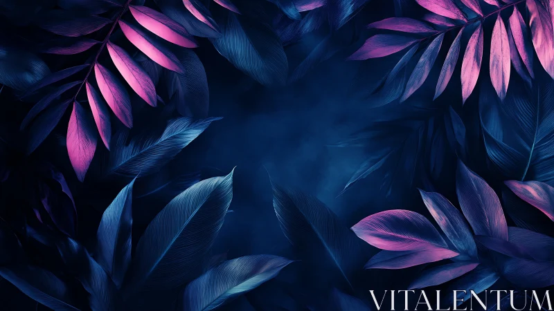 Neon blue and magenta tropical leaves framing dark center.