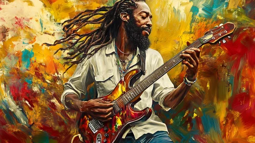 Expressive guitarist in dynamic brushstroke portrait painting.