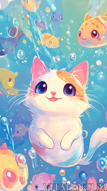 Enchanted Cat Surrounded by Magical Fish Friends