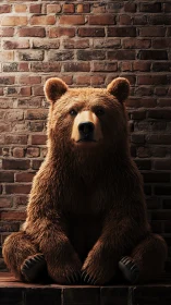 Digitally rendered brown bear sits symmetrically against brick wall