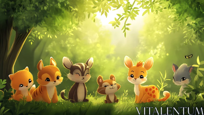 Cartoon forest animals sit together under bright foliage