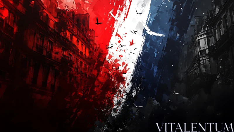French tricolor splits dramatic cityscape in vivid strokes.