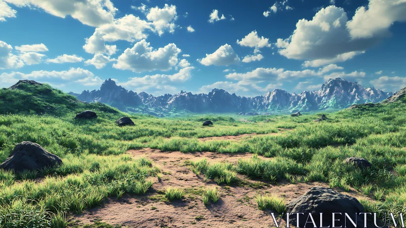 Expansive alpine grassland under high-contrast cumulus sky