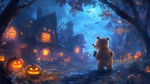Teddy bear walks through pumpkin lit Halloween village.