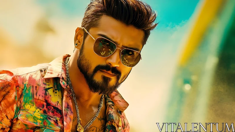 Confident bearded man in sunglasses poses in golden sunlight