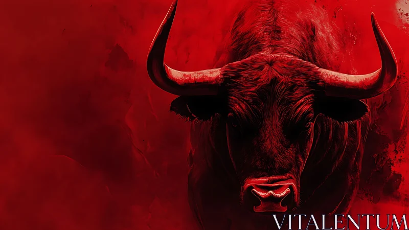 Powerful red bull steps forward through bold crimson haze