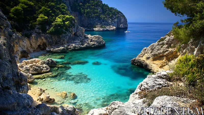 Mediterranean Cove with Turquoise Waters and Limestone Cliffs.