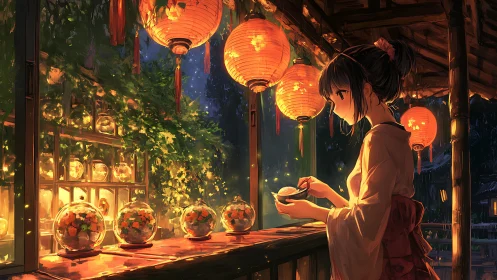 Lantern-lit girl prepares sweets in a tranquil festival night.