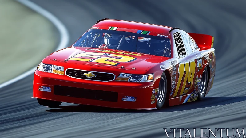 Red Chevrolet stock car rounding high speed racetrack curve.