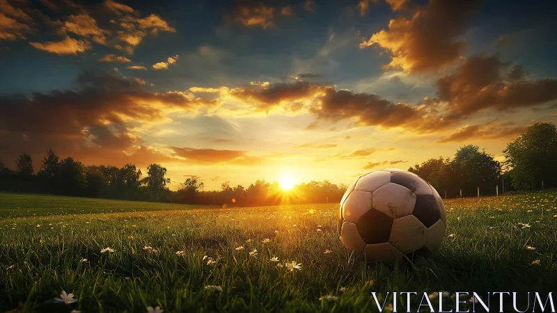 Soccer ball rests on dewy field under blazing sunset sky.