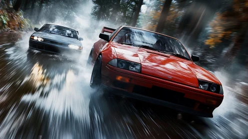 Two sports cars driving on wet forest road in motion blur.