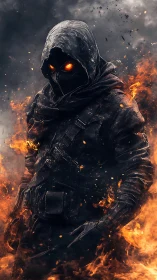 Hooded ember wraith walks calmly through collapsing firestorm