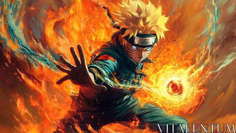 Fiery anime ninja unleashes swirling chakra blast.