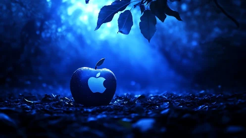 Bioluminescent blue apple logo fruit under cinematic forest light