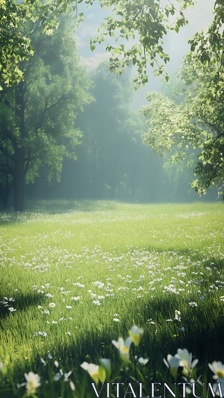 Sunlit meadow hush where wildflowers whisper softly.