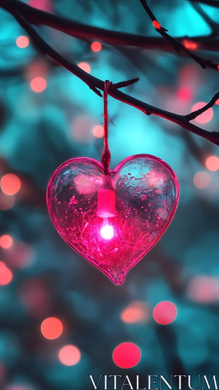 Illuminated Heart-Shaped Ornament on Branch.
