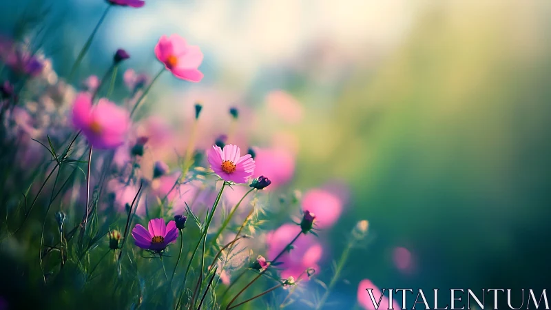 Shallow depth-of-field cosmea wildflower field with selective focus and bokeh.