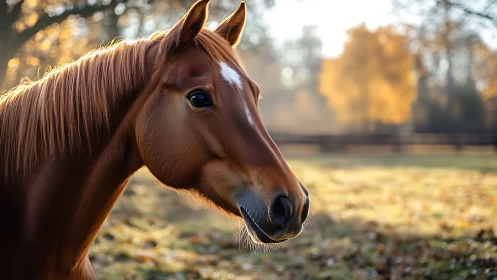 Chestnut horse in golden autumn pasture at sunrise.