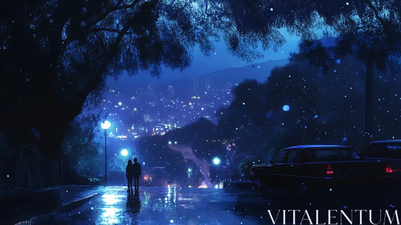 Moonlit city overlook with couple on rainy hillside street.